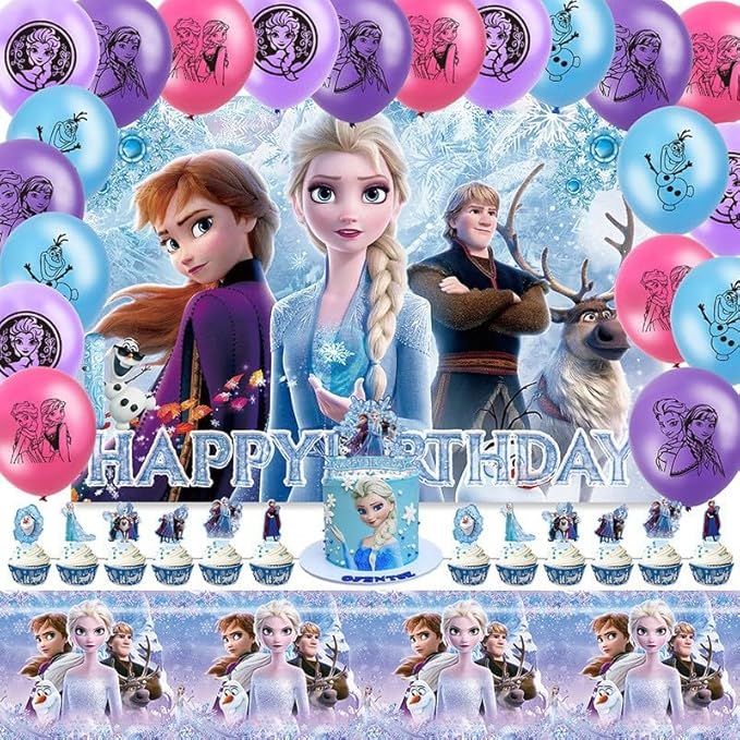 27 Psc For Frozen theme party setup, easy to assemble decorations, including children's DIY cake toppers and background cloth sets, perfect for children's birthday parties.