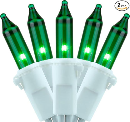 YULETIME 200 Green Christmas Lights, Pack of 2 Sets 33 Feet 100 Count UL Certified Incandescent String Lights (Green - White Wire)