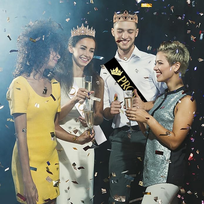 4 Pcs Gold King Crown Tiara Crowns for Men Women Prom King and Queen Crowns with Satin Sash Rhinestone Crystal Crown Queen Tiara Sash for Wedding Graduation Birthday Party Halloween