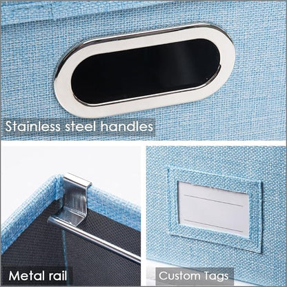 PRANDOM File Organizer Box - Set of 2 Collapsible Decorative Linen Filing Storage Hanging File Folders with Lids Office Cabinet Letter/Legal Size Blue (17x14x11.2 inch)