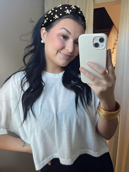 Cute Knotted Headbands for Women, Trendy Bows and Pearl Wide Head Band Non Slip Hairhoop, Thick Elastic Hairband for Womens Hair Black Hair Accessories