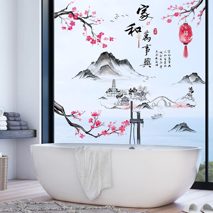 Removable 3D Chinese Style Landscape Mountain Water Wall Decals Chinese Characters Family and Peace with Plum Flower Tree Branches Wall Sticker Murals for Bedroom Sofa Background Decor