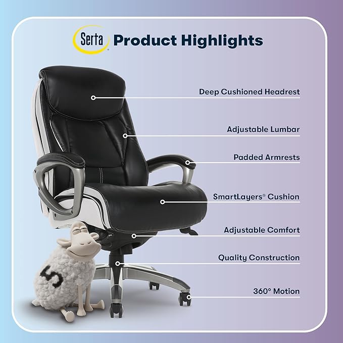 Serta® Lautner Executive Home Office Desk Chair, Ergonomic High-Back with Adjustable Lumbar and Body Pillows, SmartLayers™ and ComfortCoils® Technology, Mesh and Bonded Leather, Black and White