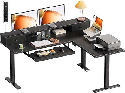 OffiGo 59 Inch L Shaped Electric Standing Desk with Drawers, Height Adjustable Corner Computer Desk with Keyboard Tray & Monitor Stand, Stand Up Table for Home Office Workstation, Black