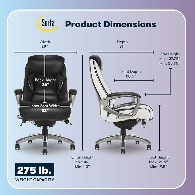 Serta® Lautner Executive Home Office Desk Chair, Ergonomic High-Back with Adjustable Lumbar and Body Pillows, SmartLayers™ and ComfortCoils® Technology, Mesh and Bonded Leather, Black and White