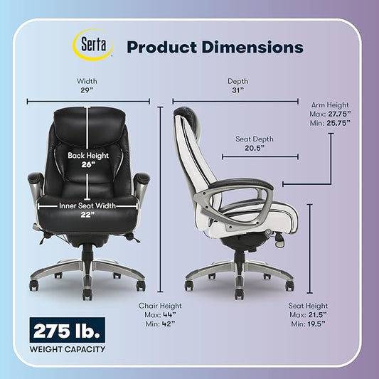 Serta® Lautner Executive Home Office Desk Chair, Ergonomic High-Back with Adjustable Lumbar and Body Pillows, SmartLayers™ and ComfortCoils® Technology, Mesh and Bonded Leather, Black and White