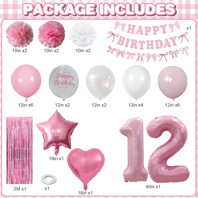 12th Birthday Decorations for Girls Pink Number 12 Balloon Bow Coquette Happy Birthday Banner Fringe Curtain Paper Pom Poms Star Heart Foil Pink White Balloons 21 Year Old Party Decor