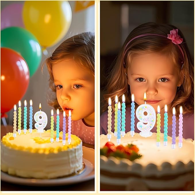 Number Birthday Candle with 12PCS Spiral Candles and A Birthday Card - Perfect for Celebrating Birthdays (Macaron Glitter, Number 9)