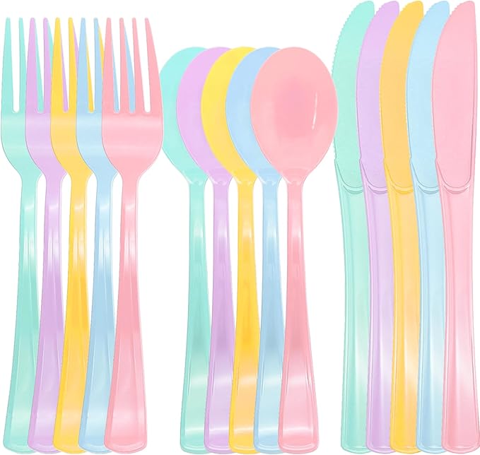 300 PCS Pastel Plastic Silverware, Iridescent Utensils Plastic Silverware, 5 Macaron Colors Pastel Party Supplies Includes 100 Forks 100 Knives 100 Spoons for Birthday, Garden Party, Wedding