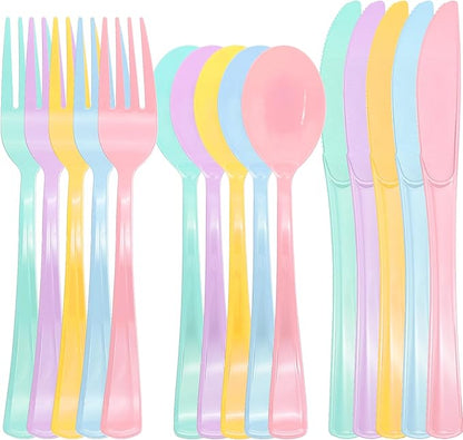 300 PCS Pastel Plastic Silverware, Iridescent Utensils Plastic Silverware, 5 Macaron Colors Pastel Party Supplies Includes 100 Forks 100 Knives 100 Spoons for Birthday, Garden Party, Wedding