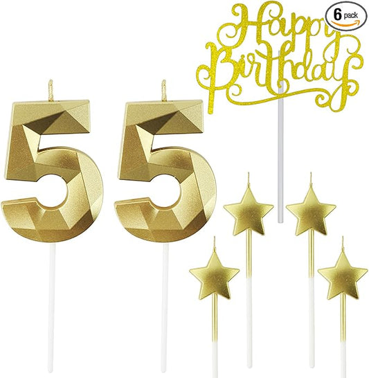 Golden Number 55 Birthday Candles and Star Birthday Candles 2.76 inch Birthday Cake Candles 3D Diamond Shaped Candles are Suitable for Birthday Parties and Anniversary Cake Decorations Candles