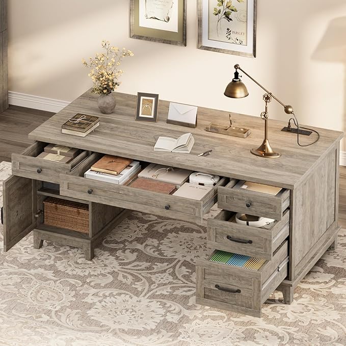 60 Inch Farmhouse Executive Desk with File Drawers for Home Office, Large Computer Desk with Storage Cabinet & Charging Station, Wooden Writing Table with Power Outlets & USB Ports for Work Study