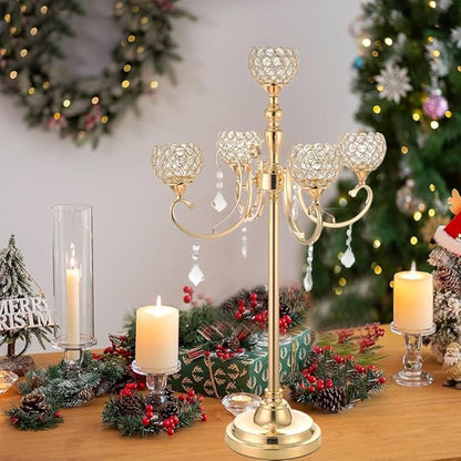 8PCS 5 Arm Gold Candelabra Centerpieces for Tables 33 Inches,Metal Crystal Candlestick Holders with Beaded Globe for Home Wedding Party Floor Candle Stand Home Decor centros de mesa de 15 años