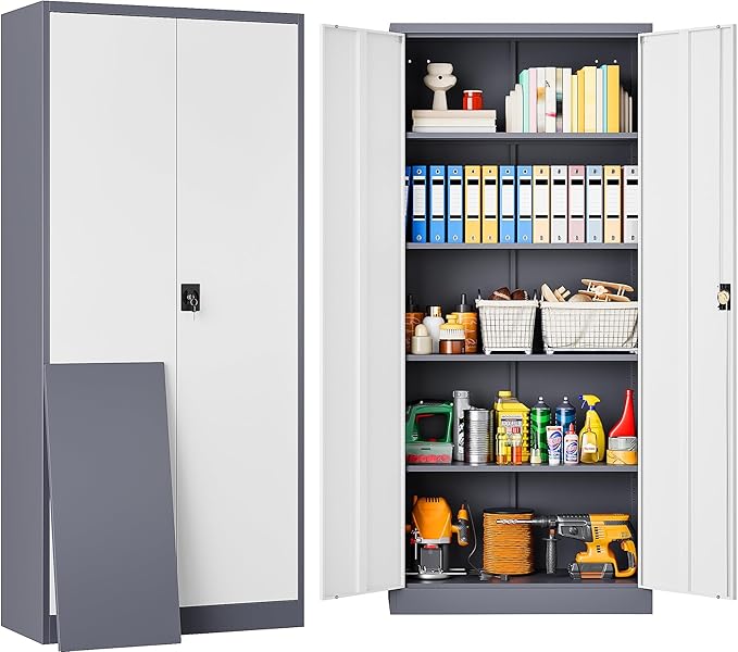 SISESOL Storage Cabinet with Doors and Shelves,71" Metal Storage Cabinet with Lock Door Adjustable Shelf, Steel Lockers for Office, Home,School,Kitchen,Garage Tool Utility Cabinet