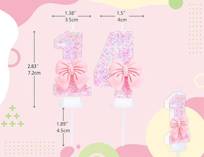 Number 14 Candle Pink Sequins and Bowtie 14th Cake Topper, 14 Birthday Candle for Girls Pastel Sweet Theme Birthday Party or Adults Milestone Age Decoration