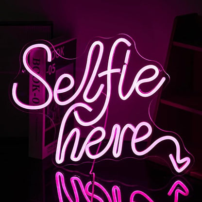 Selfie Here Neon Sign Dimmable Pink Words Light Up Sign for Wall Decor Selfie Led Neon Light for Selfie Station Photo Studio Bedroom