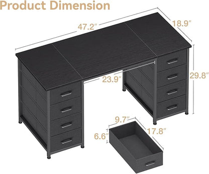 Casaottima 48 Inches Computer Desk with 8 Fabric Drawers, Modern Office Desk with Large Storage for Home Office, Study, Black