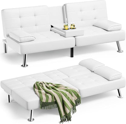 Homall Futon Sofa Bed, Leather Futon Couch with Removable Armrests, Adjustable Recliner Sleeper Sofa Bed with Dual Cup Holders for Living Room, Apartment, Office (White)