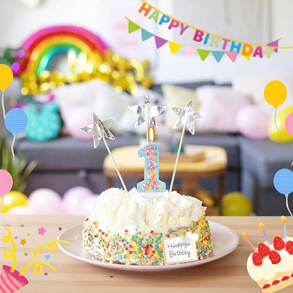 Birthday Candles - Number 1 Candle, Colorful Macaron Candles for Boys/Girls, Blue Cake Decorations, Theme Party Supplies