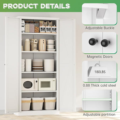 INTERGREAT Metal Storage Cabinet with Magnetic Doors, 63" H Modern Classic Style Metal Cabinets with 2 Doors and 4 Adjustable Shelves for Home Office, Kitchen, Bathroom (White)