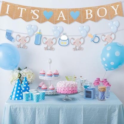 2 Pcs Baby Boy Shower Decorations Pre-Strung It's A Boy Burlap Banner and Elephant Baby Banner for Gender Reveal Birthday Shower Party Decorations