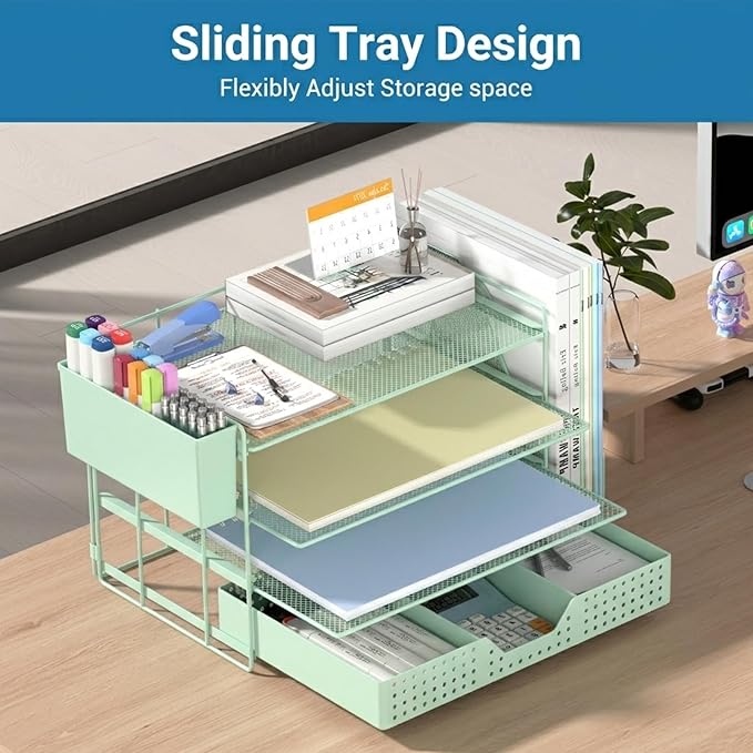 Desk Organizer, 4-Tier Paper Organizer Letter Tray with File Holder, Drawer and 2 Pen Holders, Desktop File Organizer for Office Supplies, Workspace Storage, Green