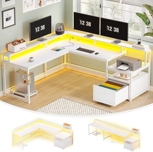 SEDETA White L Shaped Gaming Desk, 66" Home Office Desk with Wood File Drawer, Power Outlet and Led Lights, Corner Computer Desk with Monitor Shelf, Printer Storage Shelves, for Two Person