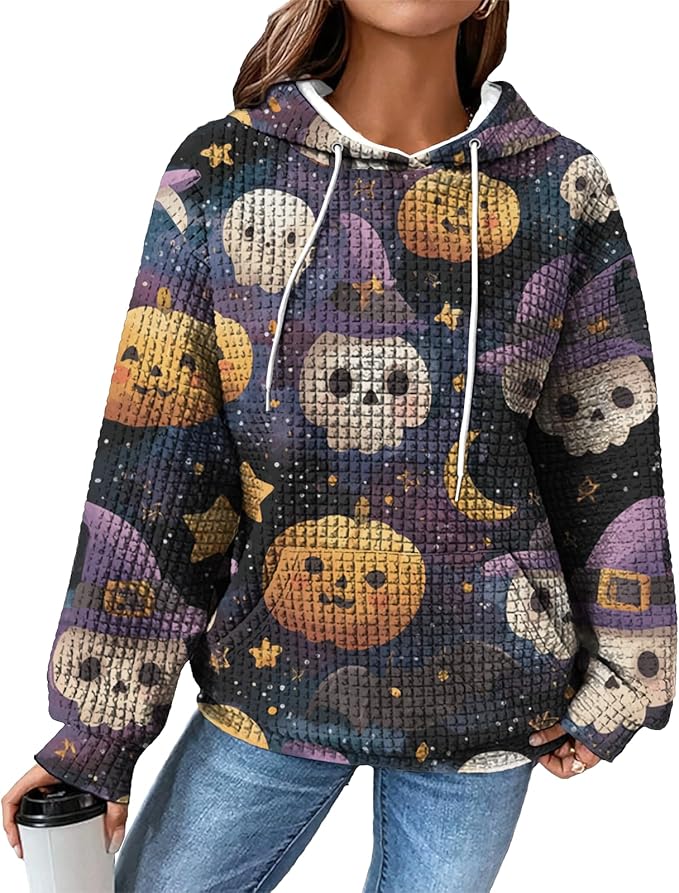 Halloween Sweatshirts for Women Novelty Graphic Drawstring Waffle Hoodies Loose Casual Pullover Tops with Pocket