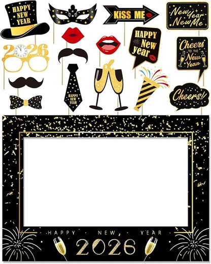New Years Eve Party Supplies 2026, NYE Photo Booth Props Kit with Glitter Frame, 2026 Glasses & Mustache (Pack of 17)
