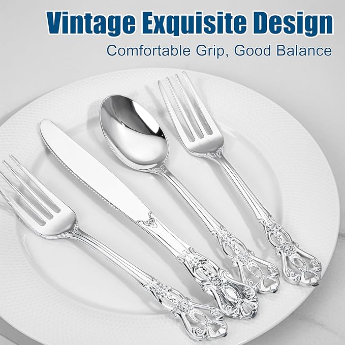 300Pieces Silver Plastic Silverware - Heavy Duty Silver Disposable Utensils - Vintage Plastic Cutlery Set Includes 100 Forks, 100 Spoons, 100 Knives for Dinner Parties Weddings