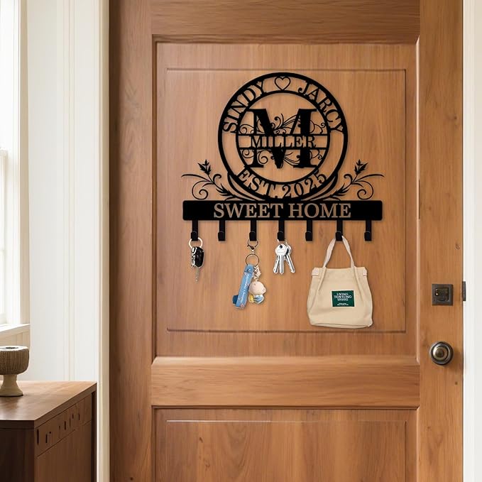 Custom Key Holder for Wall, Personalized Key Rack Wall Mount with Monogram Design, Key Rack Holder Wall Mount for Living Room Bedroom, Housewarming Wedding Gift (02-Monogram)