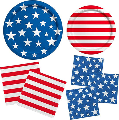 American Flag Patriotic Party Supplies Disposable dinner paper plates dessert paper plates Napkins and Cocktail napkins for Veterans Day Election Day 4th of July Independence Day Decorations, Serve 50
