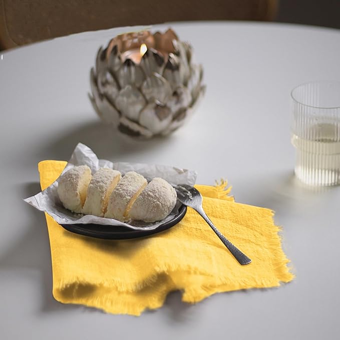 Handmade Cloth Napkins 100% Cotton Napkins with Fringe，Delicate Handmade Cloth Napkins for Dinners, Parties, Weddings and More，(18 x 18 Inch Set of 12) - Yellow