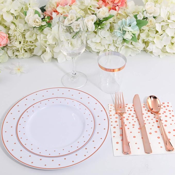 WELLIFE 350 PCS Rose Gold Plastic Plates, Disposable Rose Gold Plates, Includes: 50 Dinner Plate, 50 Dessert Plate, 50 Forks, 50 Knives, 50 Spoons, 50 Cups, 50 Dot Napkins for Weddings and Party