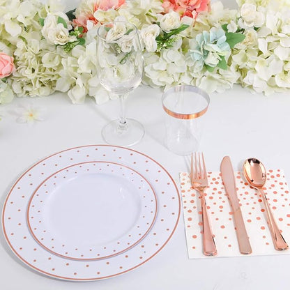 WELLIFE 350 PCS Rose Gold Plastic Plates, Disposable Rose Gold Plates, Includes: 50 Dinner Plate, 50 Dessert Plate, 50 Forks, 50 Knives, 50 Spoons, 50 Cups, 50 Dot Napkins for Weddings and Party