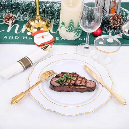 Liacere 350PCS Gold Plastic Plates-Disposable White and Gold Plates 50guest Baroque Plastic Dinnerware include 100Plates, 50Pack Pre Rolled Napkins with Silverware 50Cups for Wedding&Thanksgiving