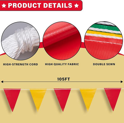 XIFAN Red and Yellow Multicolor Pennant Banner Flags 7''x10'' Waring Safety Rooftop Flagging Barrier - 105FT 45 Flags String
