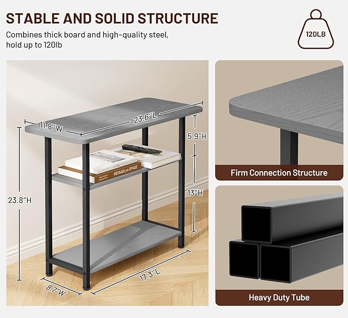 SLEEPING LAMB Side Table for Living Room, 3-Tier End Table for Small Space with Wide Storage Tabletop, Narrow Nightstand for Bedroom, Sofa Couch, Grey