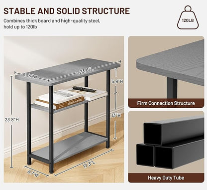 SLEEPING LAMB Side Table for Living Room, 3-Tier End Table for Small Space with Wide Storage Tabletop, Narrow Nightstand for Bedroom, Sofa Couch, Grey