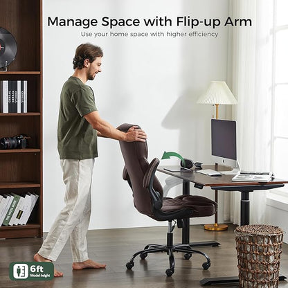 Office Chair, Executive PU Leather Chair, Ergonomic Computer Desk Chair with Lumbar Support and Adjustable Flip-Up Arms, Rocking Task Chair (Brow