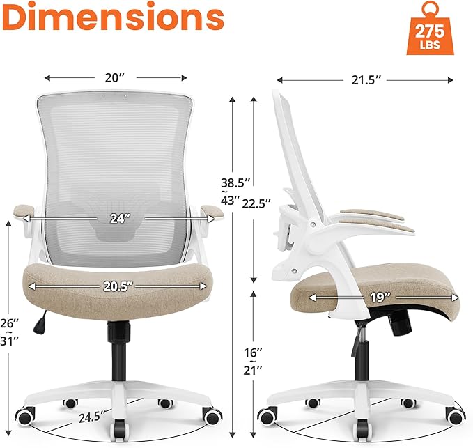 NEO CHAIR Office Desk Chair Computer High Back Mesh Gaming Seat with Ergonomic Adjustable Comfy Flip-up Armrests Lumbar Support Height for Home (Beige)