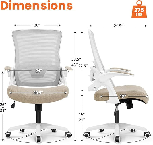 NEO CHAIR Office Desk Chair Computer High Back Mesh Gaming Seat with Ergonomic Adjustable Comfy Flip-up Armrests Lumbar Support Height for Home (Beige)