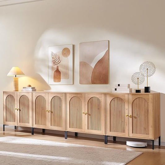 Modern Buffet Cabinet with Storage, 123.5" W Fluted Arched Sideboard Cabinet w/Adjustable Shelves, Wooden Modular Coffee Bar for Dining Room, Kitchen, Living Room, Entryway, Natural