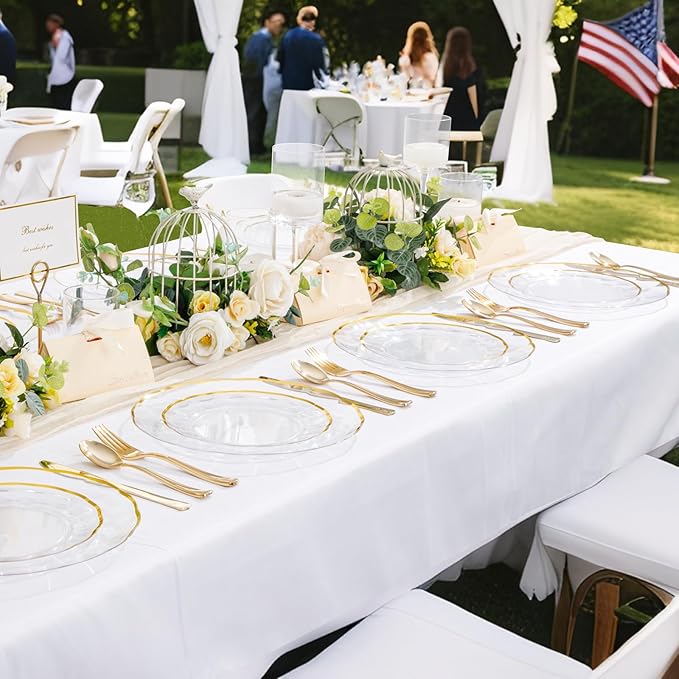 EI 150pcs Clear Plastic Plates with Gold Plastic Silverware,Disposable Plate Heavy Duty,Clear and Gold Dinnerware Set,Elegant Plates for Party,Wedding,Thanksgiving,Christmas,New Year
