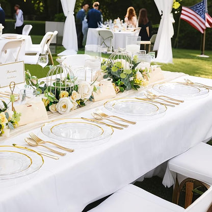 EI 150pcs Clear Plastic Plates with Gold Plastic Silverware,Disposable Plate Heavy Duty,Clear and Gold Dinnerware Set,Elegant Plates for Party,Wedding,Thanksgiving,Christmas,New Year