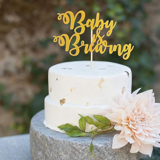 Gold Baby is Brewing Cake Topper - Glitter Baby Shower Cake Topper, Gender Reveal, Baby Arrival Announcement Party Cake Decorations