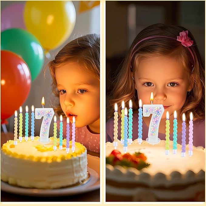 Number Birthday Candle with 12PCS Spiral Candles and A Birthday Card - Perfect for Celebrating Birthdays (Macaron Glitter, Number 7)