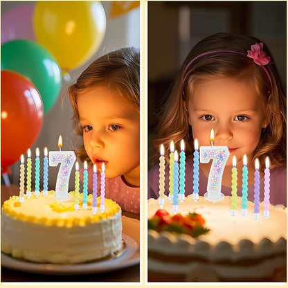 Number Birthday Candle with 12PCS Spiral Candles and A Birthday Card - Perfect for Celebrating Birthdays (Macaron Glitter, Number 7)