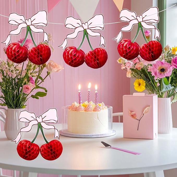 3D Cherry Bow Honeycomb Decorations, 4-Pcs 12 Inch Large Cherry Table Decorations and Cherry On Top Centerpieces, Cherry Decoration for Birthdays Party, Baby Shower & Home Cherry Decorations