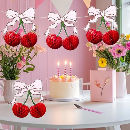 3D Cherry Bow Honeycomb Decorations, 4-Pcs 12 Inch Large Cherry Table Decorations and Cherry On Top Centerpieces, Cherry Decoration for Birthdays Party, Baby Shower & Home Cherry Decorations
